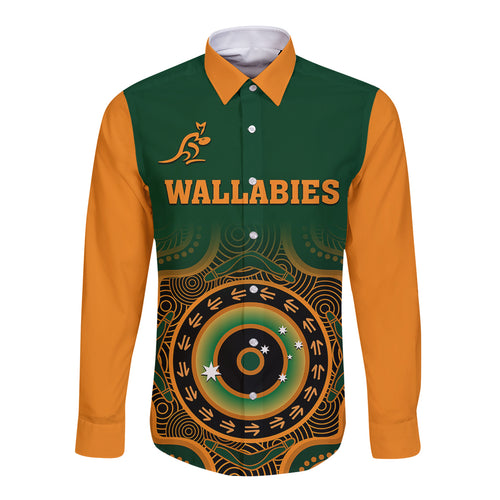 custom-text-and-number-wallabies-rugby-long-sleeve-button-shirt-aussie-go-champions-indigenous-green