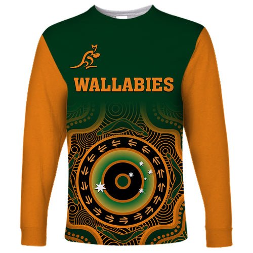 custom-text-and-number-wallabies-rugby-long-sleeve-shirt-aussie-go-champions-indigenous-green