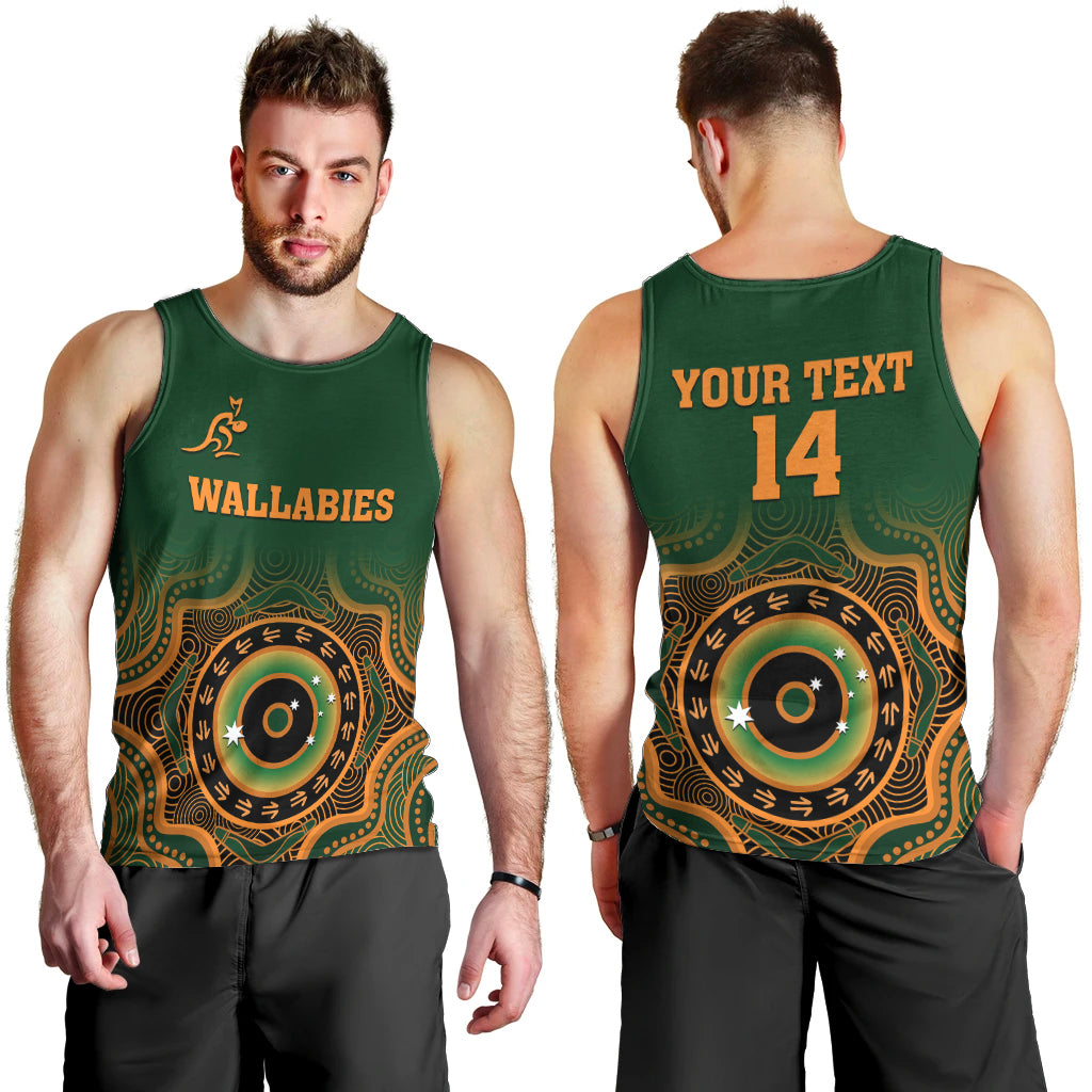 custom-text-and-number-wallabies-rugby-men-tank-top-aussie-go-champions-indigenous-green