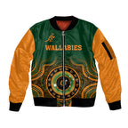 custom-text-and-number-wallabies-rugby-sleeve-zip-bomber-jacket-aussie-go-champions-indigenous-green