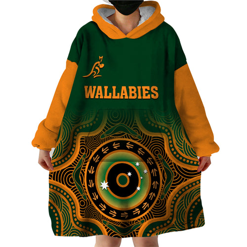 custom-text-and-number-wallabies-rugby-wearable-blanket-hoodie-aussie-go-champions-indigenous-green