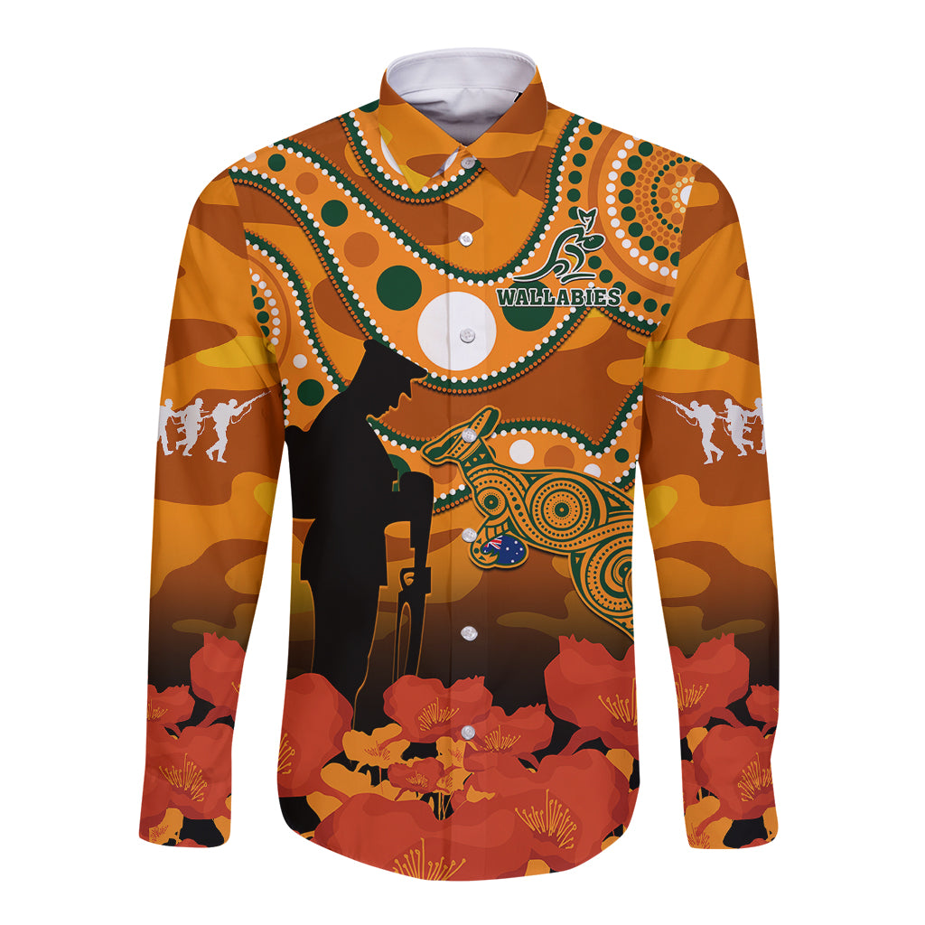 custom-text-and-number-wallabies-rugby-anzac-long-sleeve-button-shirt-aboriginal-camouflage-lest-we-forget