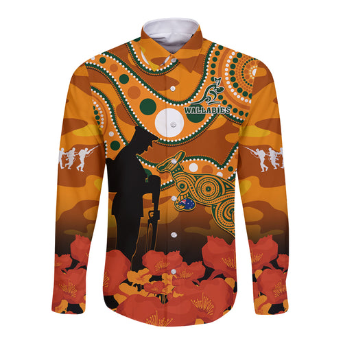 custom-text-and-number-wallabies-rugby-anzac-long-sleeve-button-shirt-aboriginal-camouflage-lest-we-forget