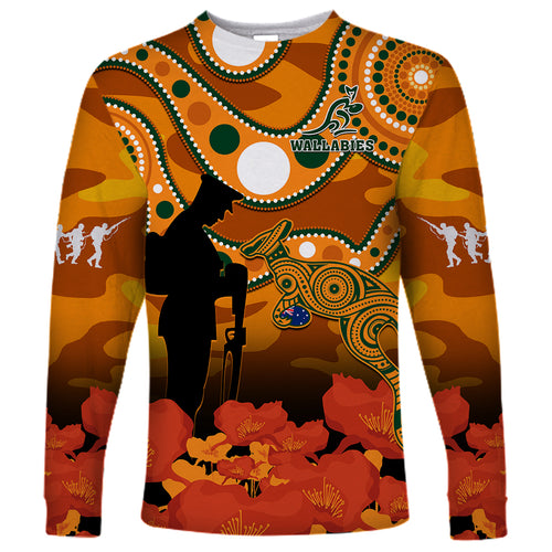 custom-text-and-number-wallabies-rugby-anzac-long-sleeve-shirt-aboriginal-camouflage-lest-we-forget
