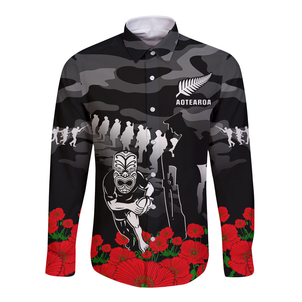 custom-text-and-number-new-zealand-anzac-rugby-long-sleeve-button-shirt-silver-fern-all-black-camouflage-mix-poppy