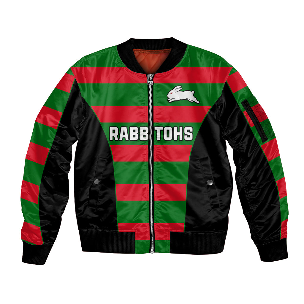 custom-text-and-number-rabbitohs-rugby-sleeve-zip-bomber-jacket-go-souths-1908-sporty-style-black