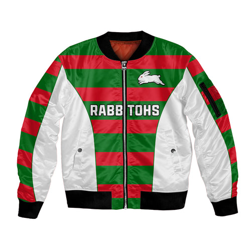 custom-text-and-number-rabbitohs-rugby-sleeve-zip-bomber-jacket-go-souths-1908-sporty-style-white