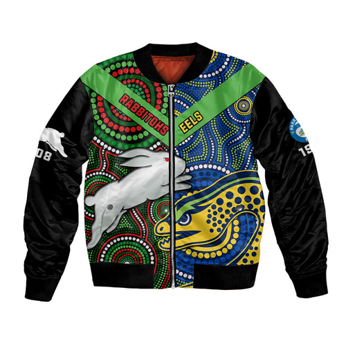 custom-text-and-number-rabbitohs-mix-eels-rugby-bomber-jacket-souths-and-parra-indigenous