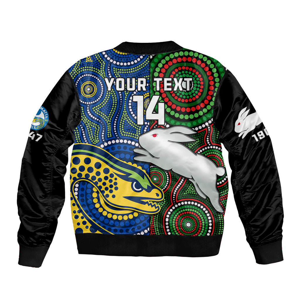 custom-text-and-number-rabbitohs-mix-eels-rugby-bomber-jacket-souths-and-parra-indigenous