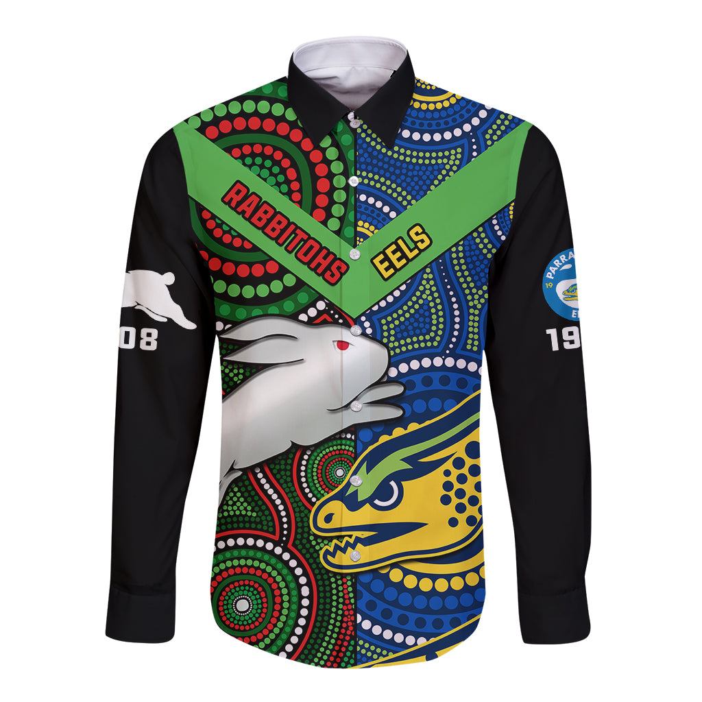 custom-text-and-number-rabbitohs-mix-eels-rugby-long-sleeve-button-shirt-souths-and-parra-indigenous