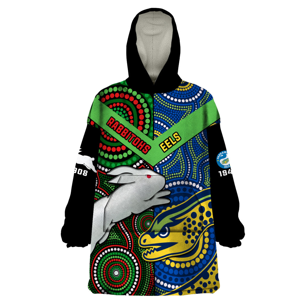 custom-text-and-number-rabbitohs-mix-eels-rugby-wearable-blanket-hoodie-souths-and-parra-indigenous