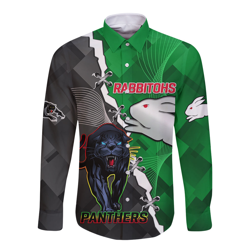 custom-personalised-rabbitohs-mix-panthers-rugby-long-sleeve-button-shirt-sporty-style
