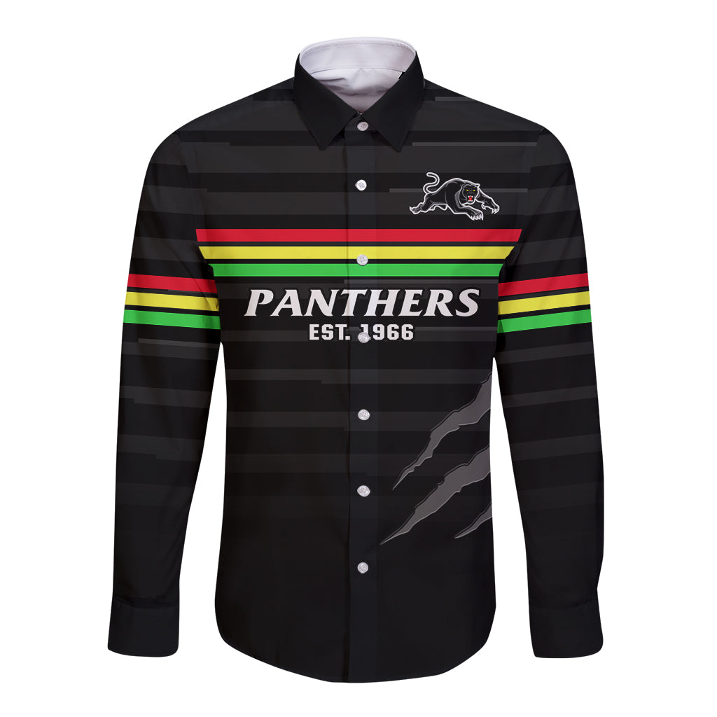 custom-text-and-number-penrith-panthers-rugby-2023-long-sleeve-button-shirt-the-riff-est-1966-black-sporty