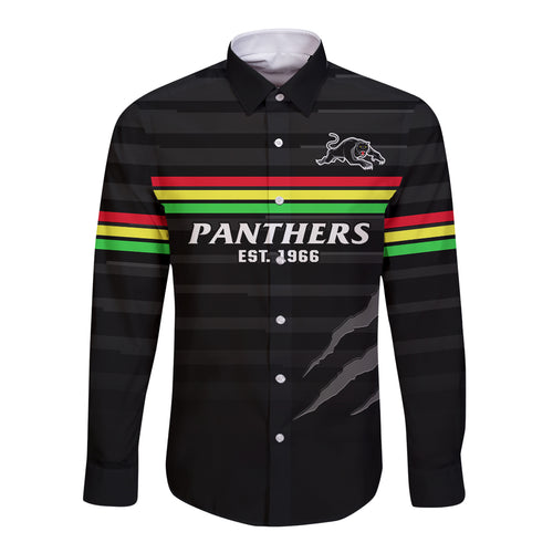 custom-text-and-number-penrith-panthers-rugby-2023-long-sleeve-button-shirt-the-riff-est-1966-black-sporty