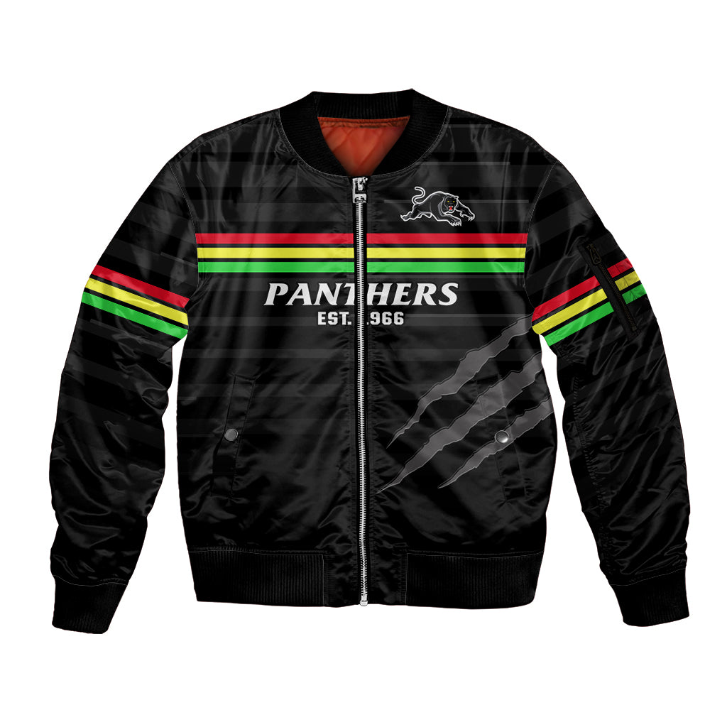 custom-text-and-number-penrith-panthers-rugby-2023-sleeve-zip-bomber-jacket-the-riff-est-1966-black-sporty