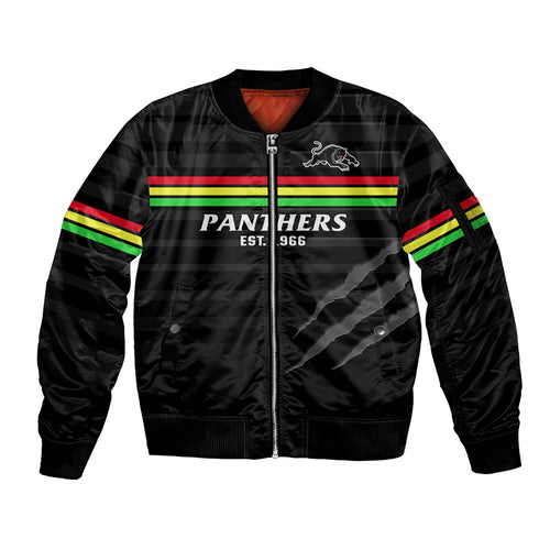 custom-text-and-number-penrith-panthers-rugby-2023-sleeve-zip-bomber-jacket-the-riff-est-1966-black-sporty