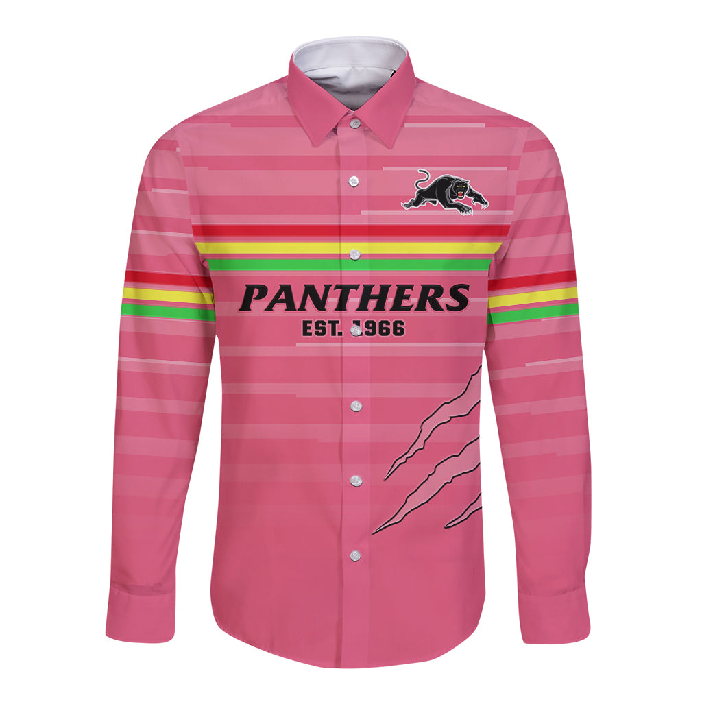 custom-text-and-number-penrith-panthers-rugby-2023-long-sleeve-button-shirt-the-riff-est-1966-pink-sporty