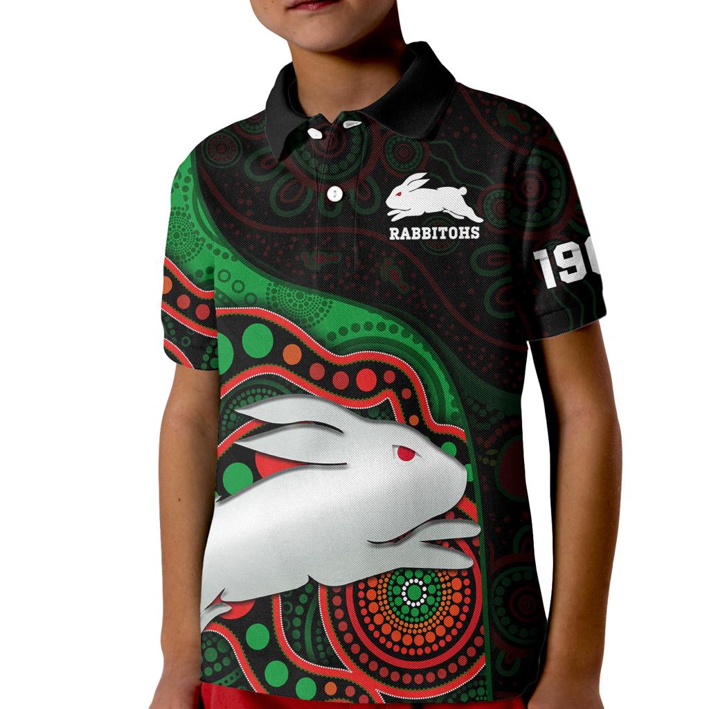 custom-text-and-number-rabbitohs-rugby-kid-polo-shirt-go-souths-indigenous-art