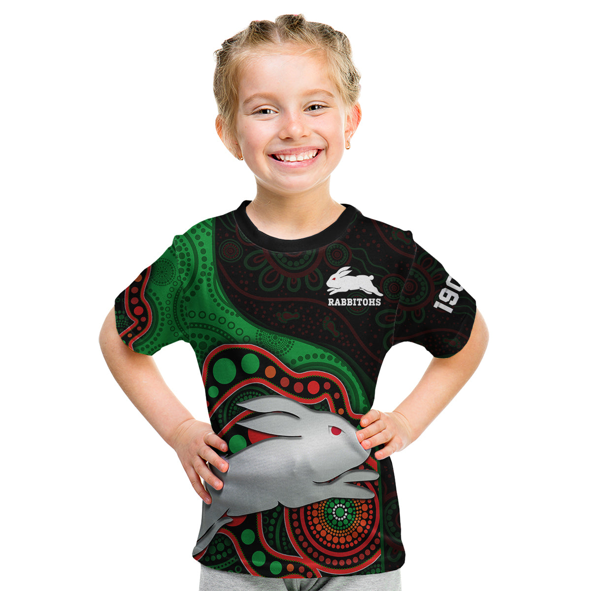 custom-text-and-number-rabbitohs-rugby-kid-t-shirt-go-souths-indigenous-art