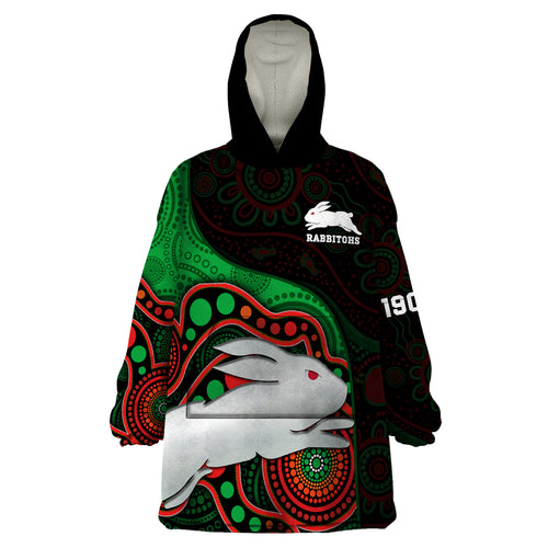custom-text-and-number-rabbitohs-rugby-wearable-blanket-hoodie-go-souths-indigenous-art