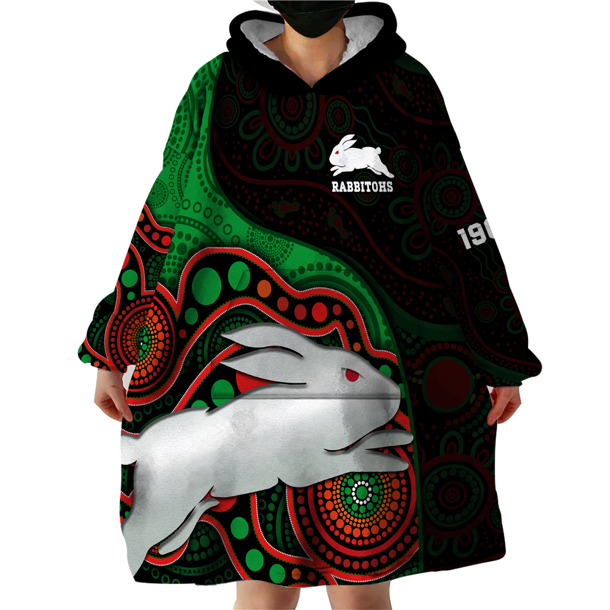 custom-text-and-number-rabbitohs-rugby-wearable-blanket-hoodie-go-souths-indigenous-art