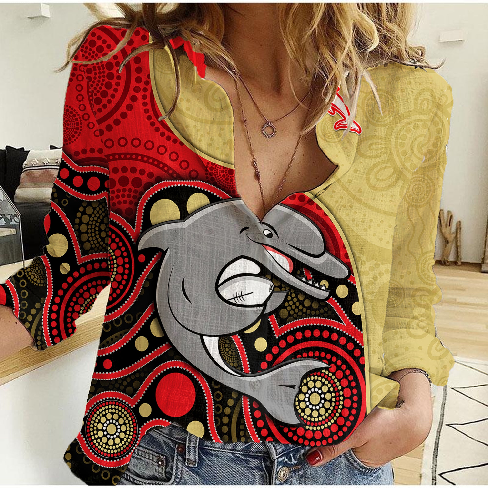 custom-text-and-number-dolphins-rugby-women-casual-shirt-phins-up-indigenous-art