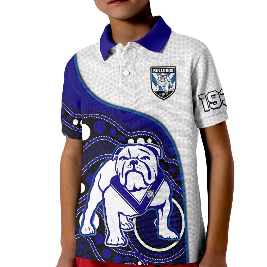 custom-text-and-number-bulldogs-rugby-kid-polo-shirt-go-doggies-indigenous-art