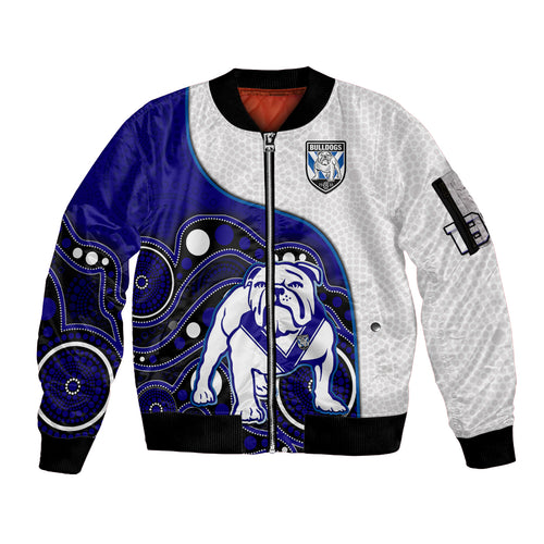 custom-text-and-number-bulldogs-rugby-sleeve-zip-bomber-jacket-go-doggies-indigenous-art