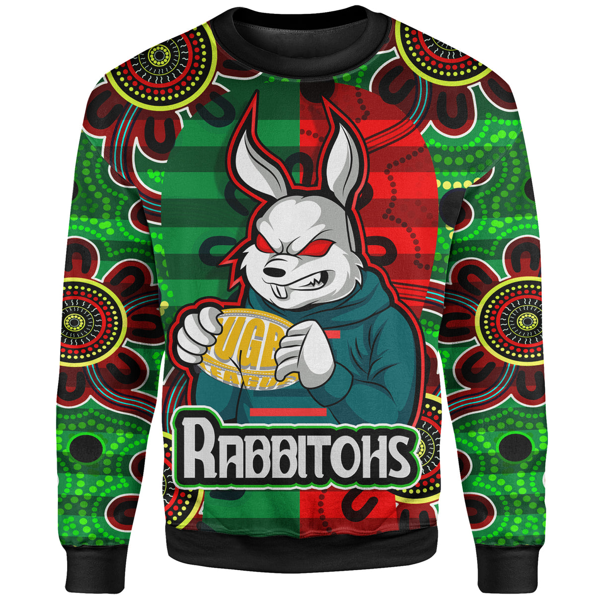 rabbitohs-rugby-custom-sweatshirt-rabbitohs-with-rugby-ball-aboriginal-style-of-dot-painting-patterns-custom-sweatshirt