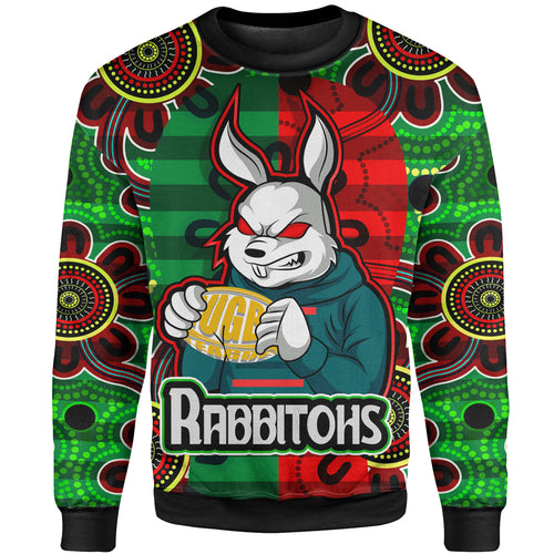 rabbitohs-rugby-custom-sweatshirt-rabbitohs-with-rugby-ball-aboriginal-style-of-dot-painting-patterns-custom-sweatshirt