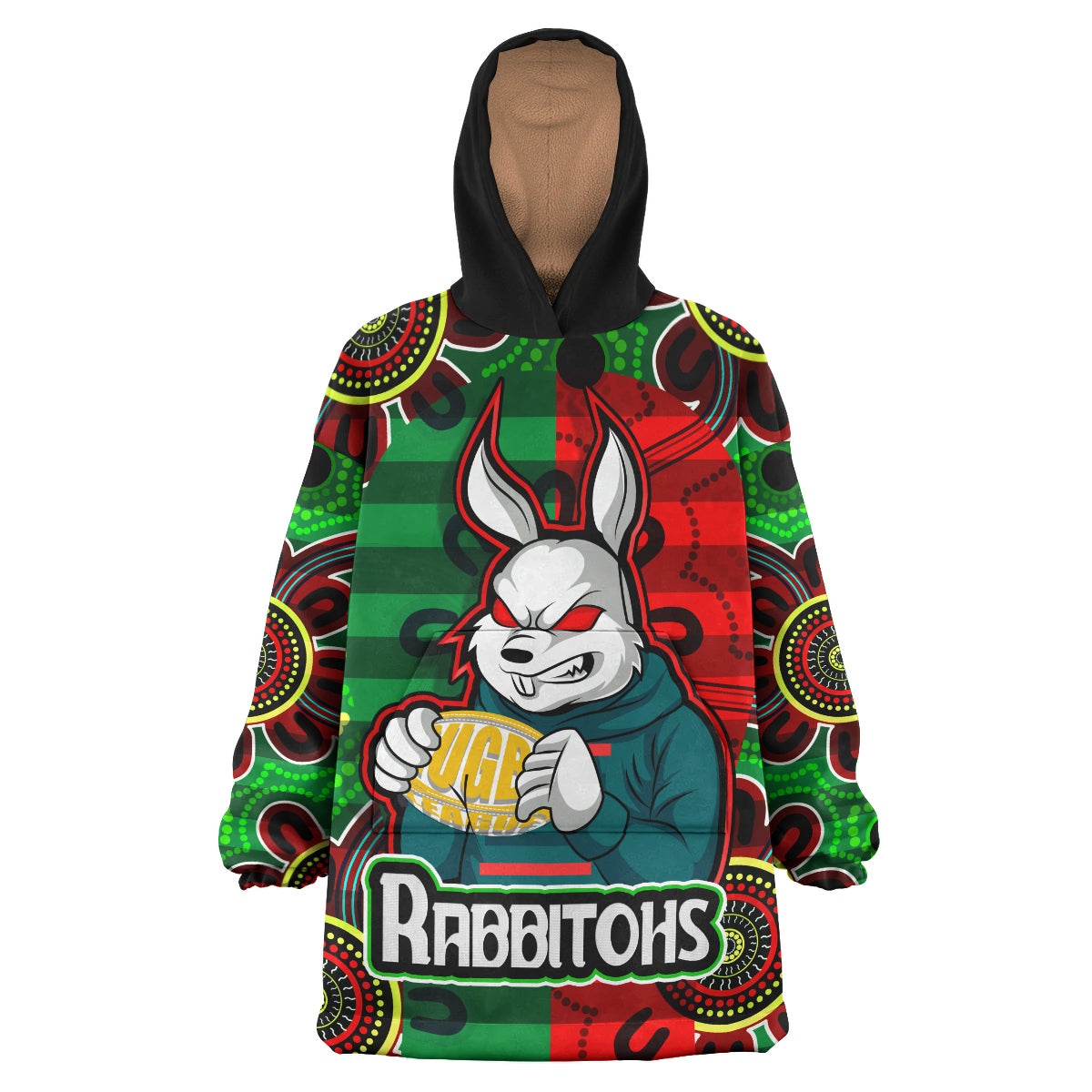 rabbitohs-rugby-snug-hoodie-custom-rabbitohs-with-rugby-ball-aboriginal-style-of-dot-painting-patterns-custom-oodie-blanket