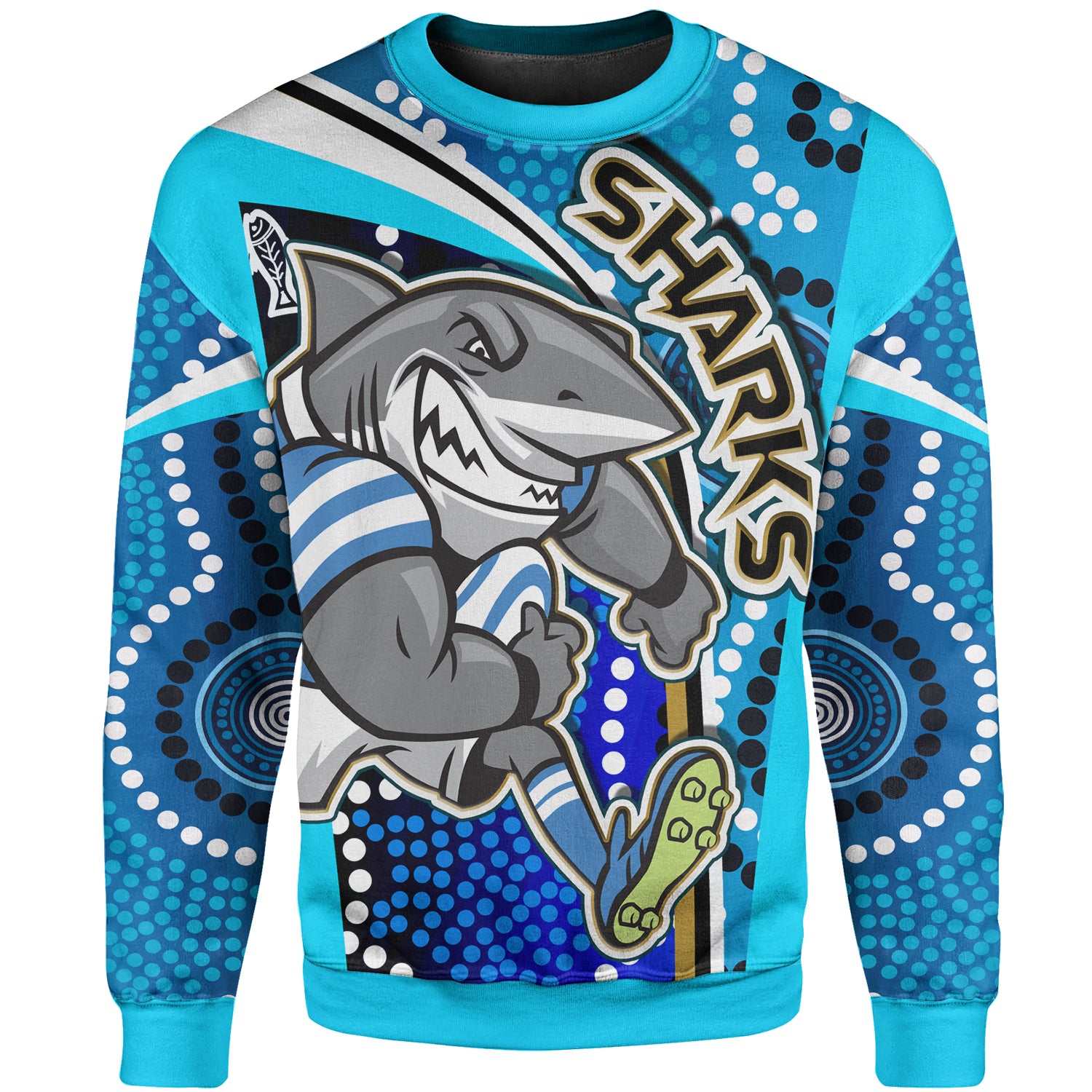 sharks-rugby-sweatshirt-custom-sharks-with-rugby-ball-and-aboriginal-dot-design-blue-background-sweatshirt