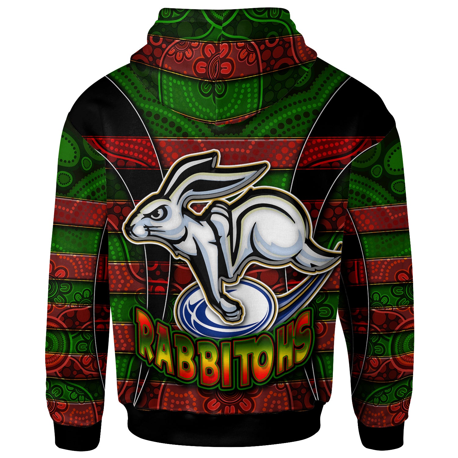 rabbitohs-rugby-hoodie-custom-rabbit-aboriginal-style-pattern-personalised-player-and-number-hoodie