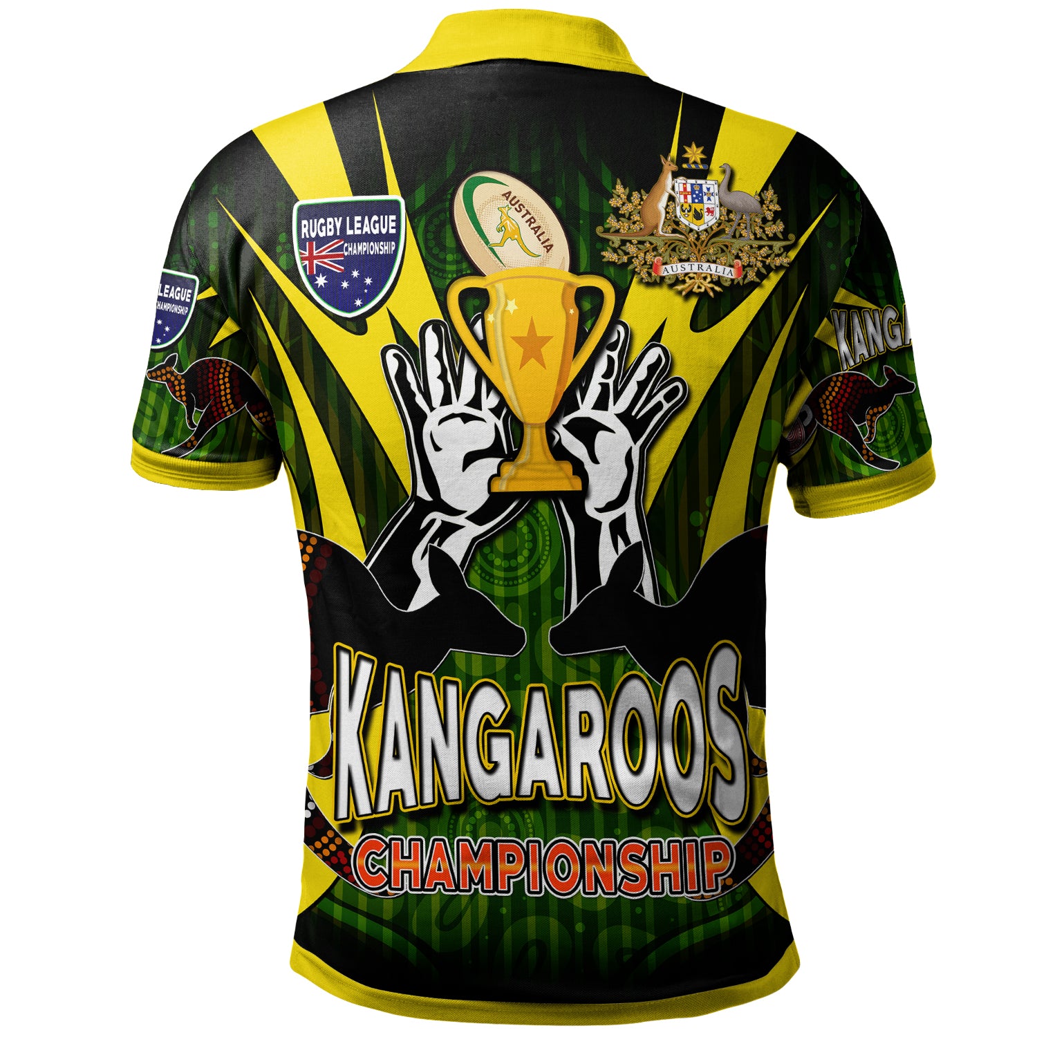 kangaroos-rugby-polo-shirt-custom-kangaroo-rugby-league-coat-of-arms-aboriginal-culture-personalised-player-and-number-polo-shirt