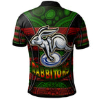 rabbitohs-rugby-polo-shirt-custom-rabbit-aboriginal-style-pattern-personalised-player-and-number-polo-shirt