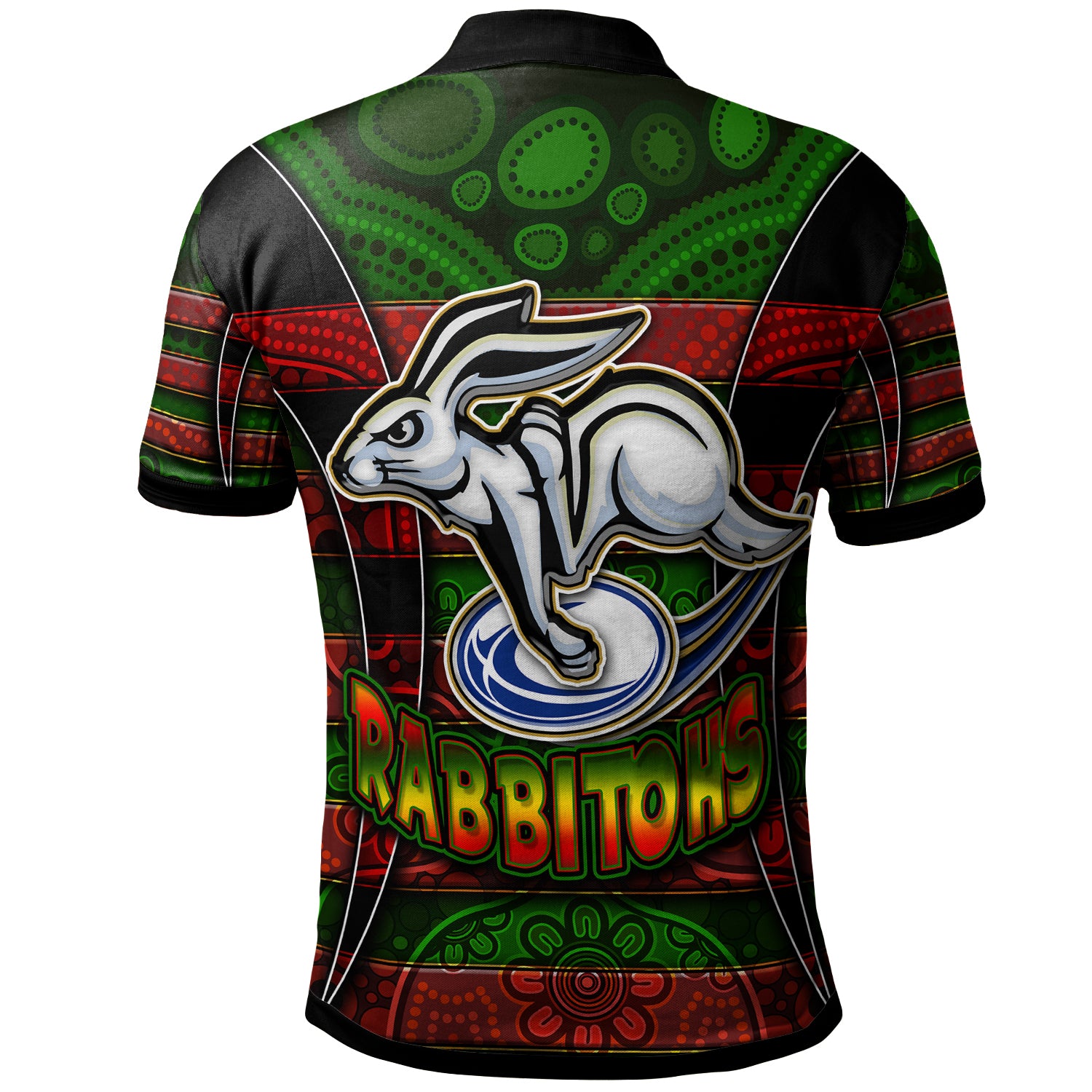 rabbitohs-rugby-polo-shirt-custom-rabbit-aboriginal-style-pattern-personalised-player-and-number-polo-shirt
