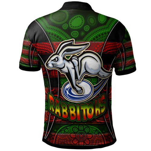 rabbitohs-rugby-polo-shirt-custom-rabbit-aboriginal-style-pattern-personalised-player-and-number-polo-shirt