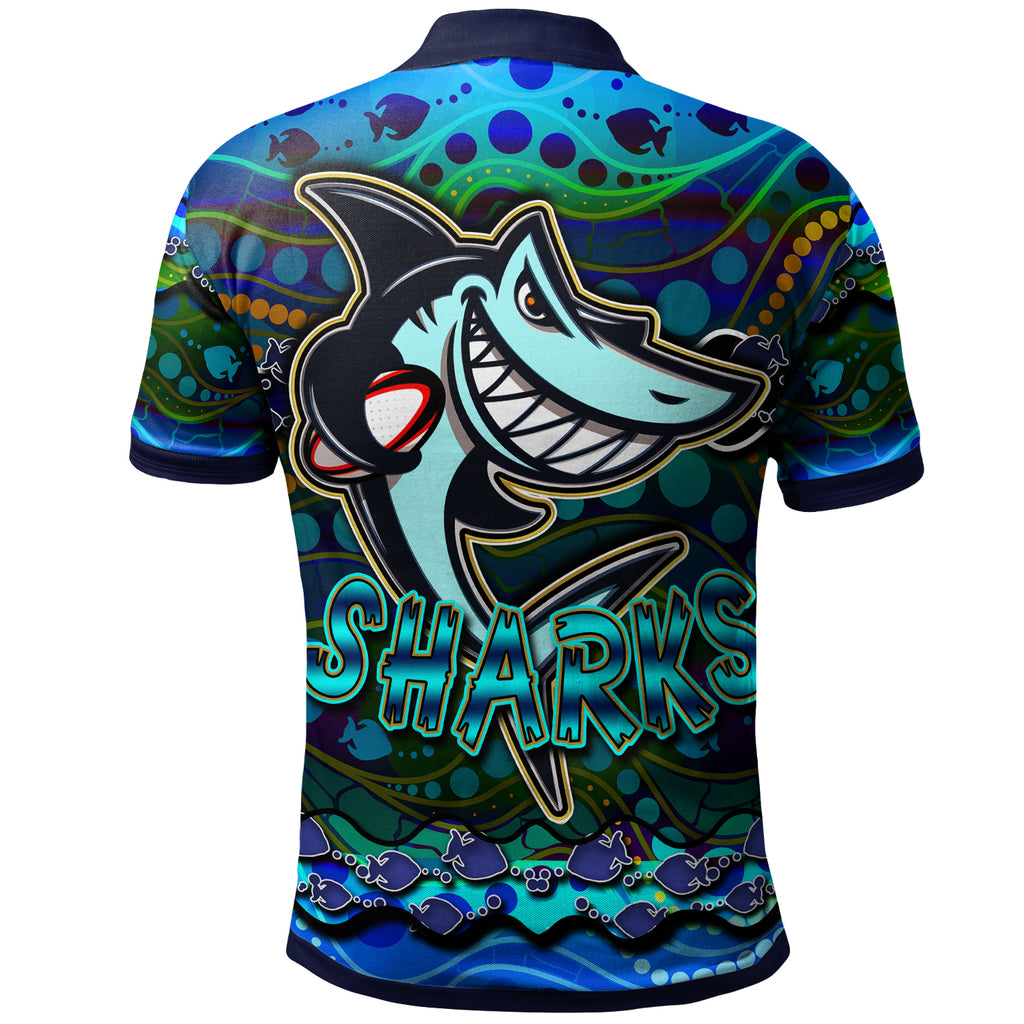 sharks-rugby-polo-shirt-custom-sharks-rugby-with-fish-aboriginal-style-personalised-player-and-number-polo-shirt