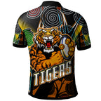 tigers-rugby-polo-shirt-custom-tiger-rugby-ball-aboriginal-art-vector-painting-personalised-player-and-number-polo-shirt