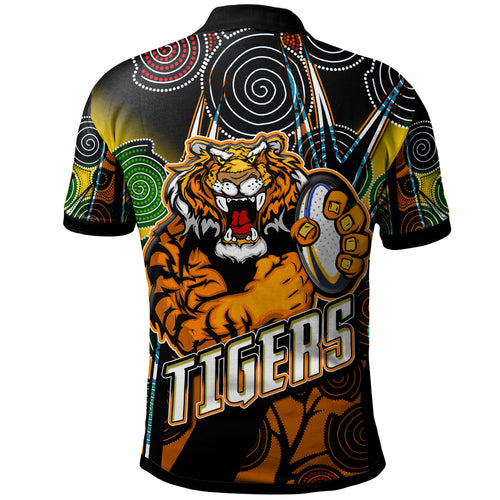 tigers-rugby-polo-shirt-custom-tiger-rugby-ball-aboriginal-art-vector-painting-personalised-player-and-number-polo-shirt