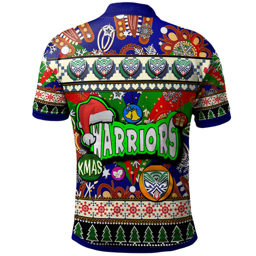 warriors-rugby-christmas-polo-shirt-custom-xmas-warriors-christmas-balls-snowflake-with-aboriginal-patterns-polo-shirt