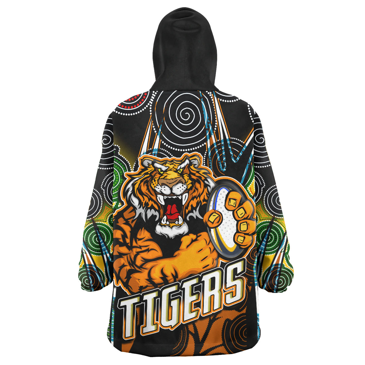 tigers-rugby-snug-hoodie-custom-tiger-rugby-ball-aboriginal-art-vector-painting-personalised-player-and-number-oodie-blanket
