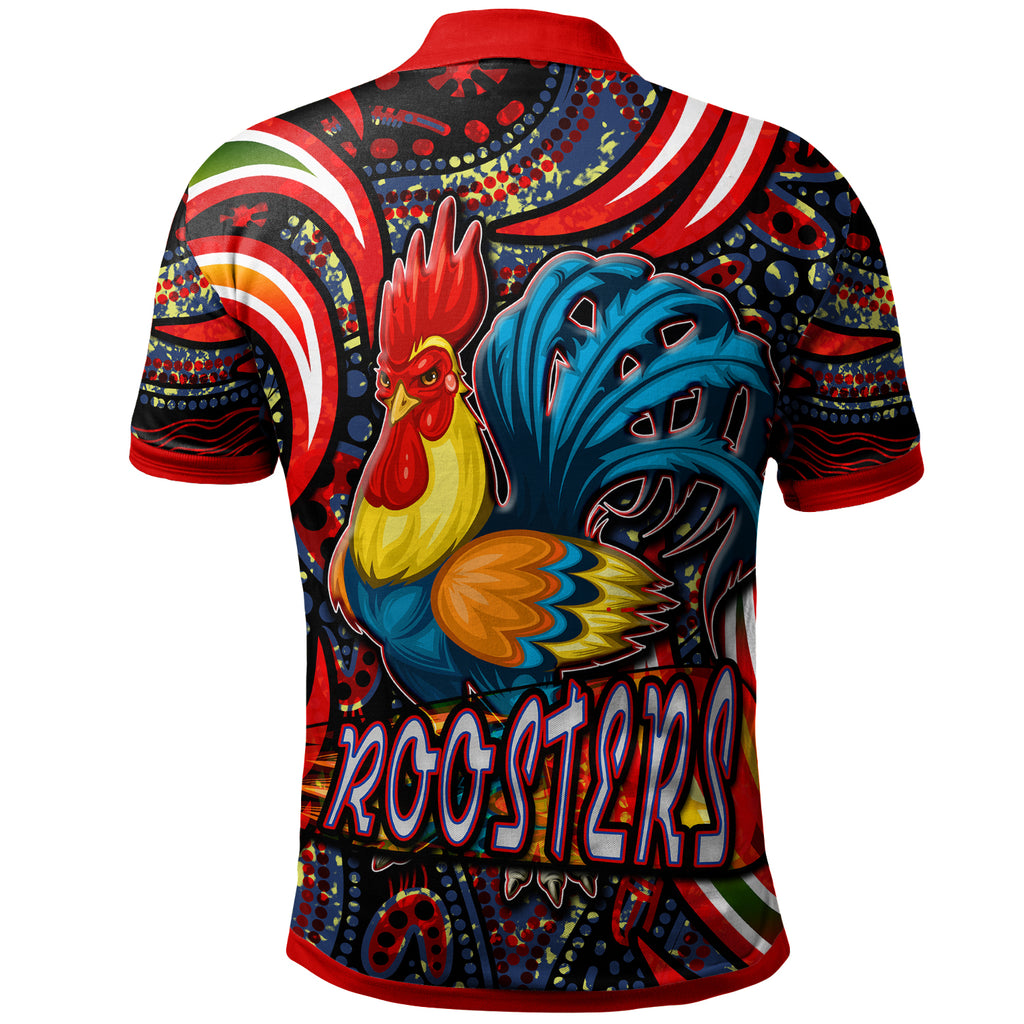 nrlw-roosters-rugby-polo-shirt-custom-womens-rugby-league-with-aboriginal-style-player-and-number-polo-shirt