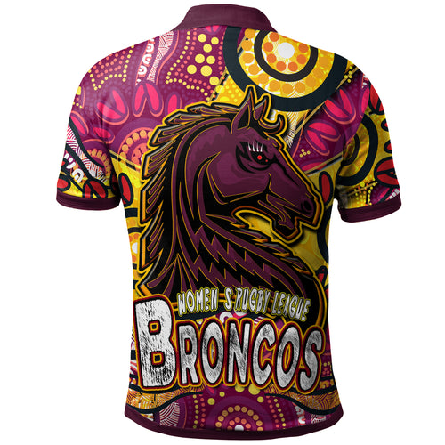 nrlw-broncos-rugby-polo-shirt-custom-broncos-rugby-womens-rugby-league-aboriginal-dot-painting-polo-shirt