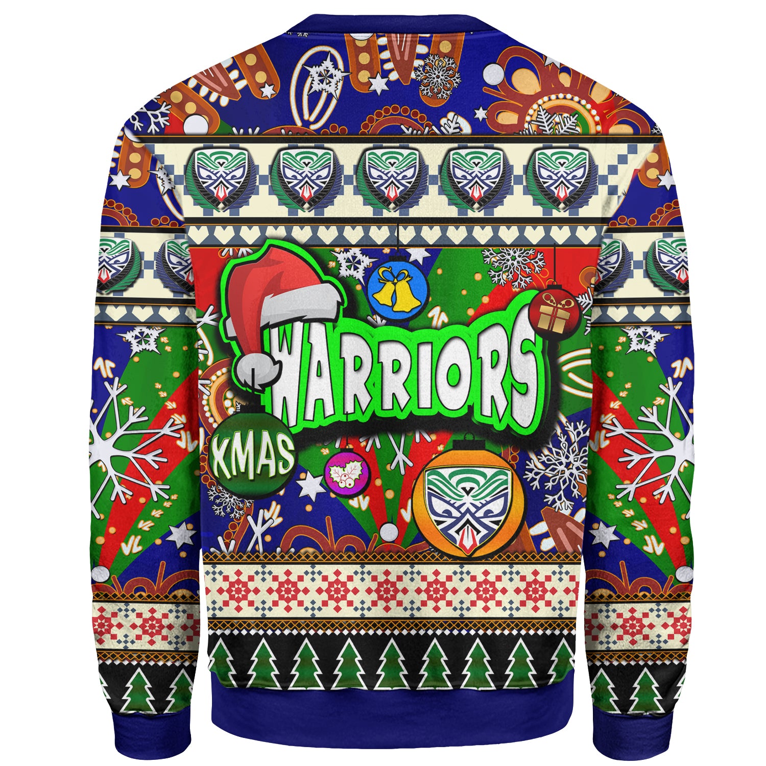 warriors-rugby-christmas-sweatshirt-custom-xmas-warriors-christmas-balls-snowflake-with-aboriginal-patterns-sweatshirt