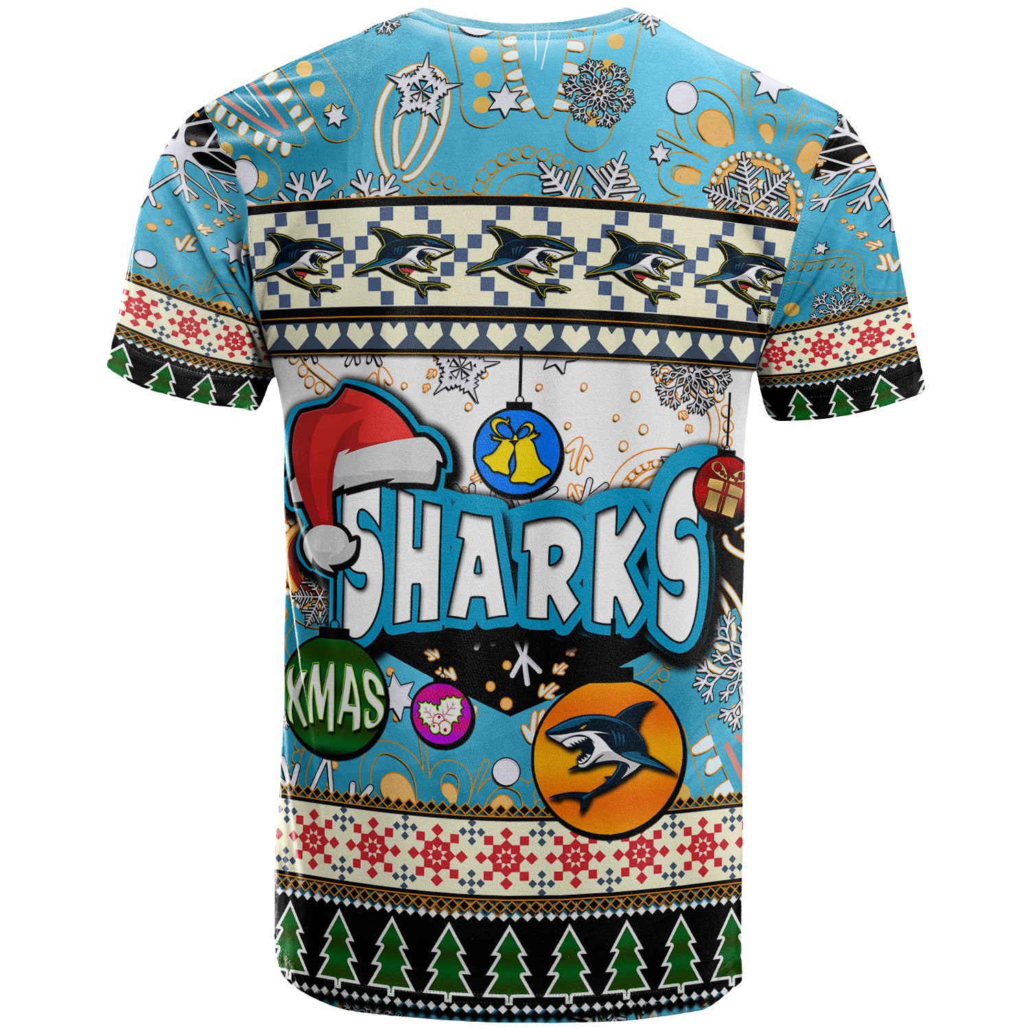 sharks-rugby-christmas-t-shirt-custom-xmas-sharks-christmas-balls-snowflake-with-aboriginal-patterns-t-shirt