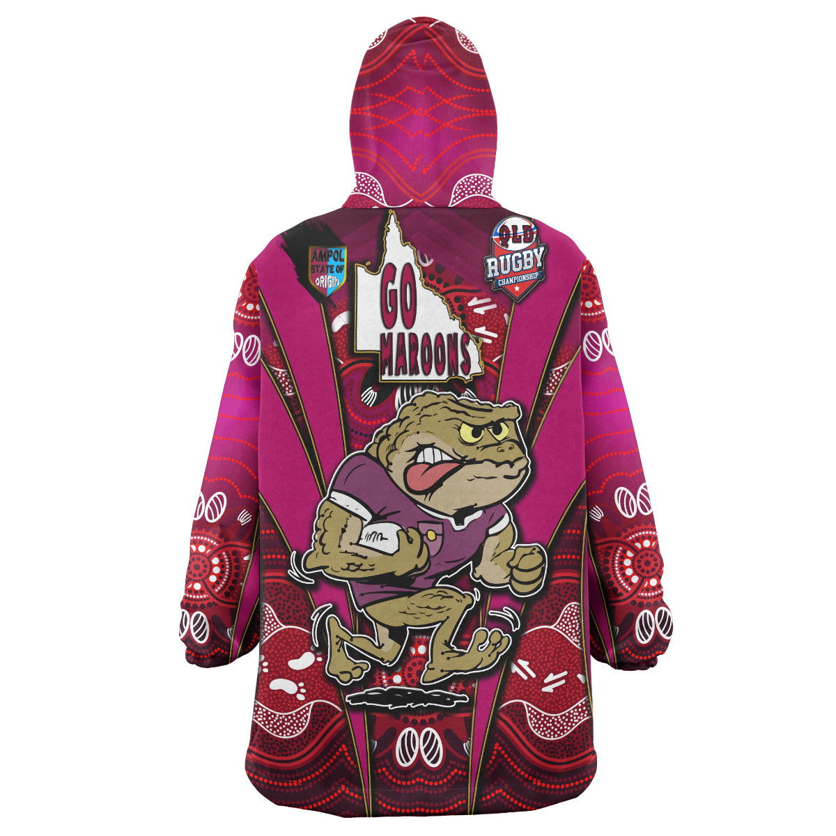 queensland-rugby-league-team-snug-hoodie-custom-queensland-maroons-mascot-with-aboriginal-art-state-of-origin-oodie-blanket