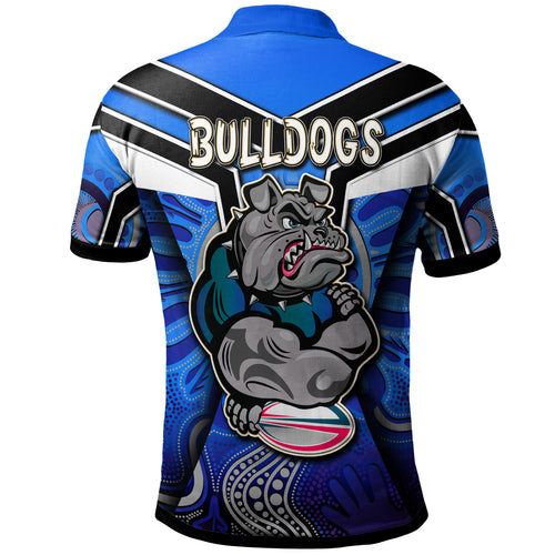 bulldogs-rugby-polo-shirt-custom-bulldog-rugby-ball-with-aboriginal-pattern-personalised-player-and-number-polo-shirt
