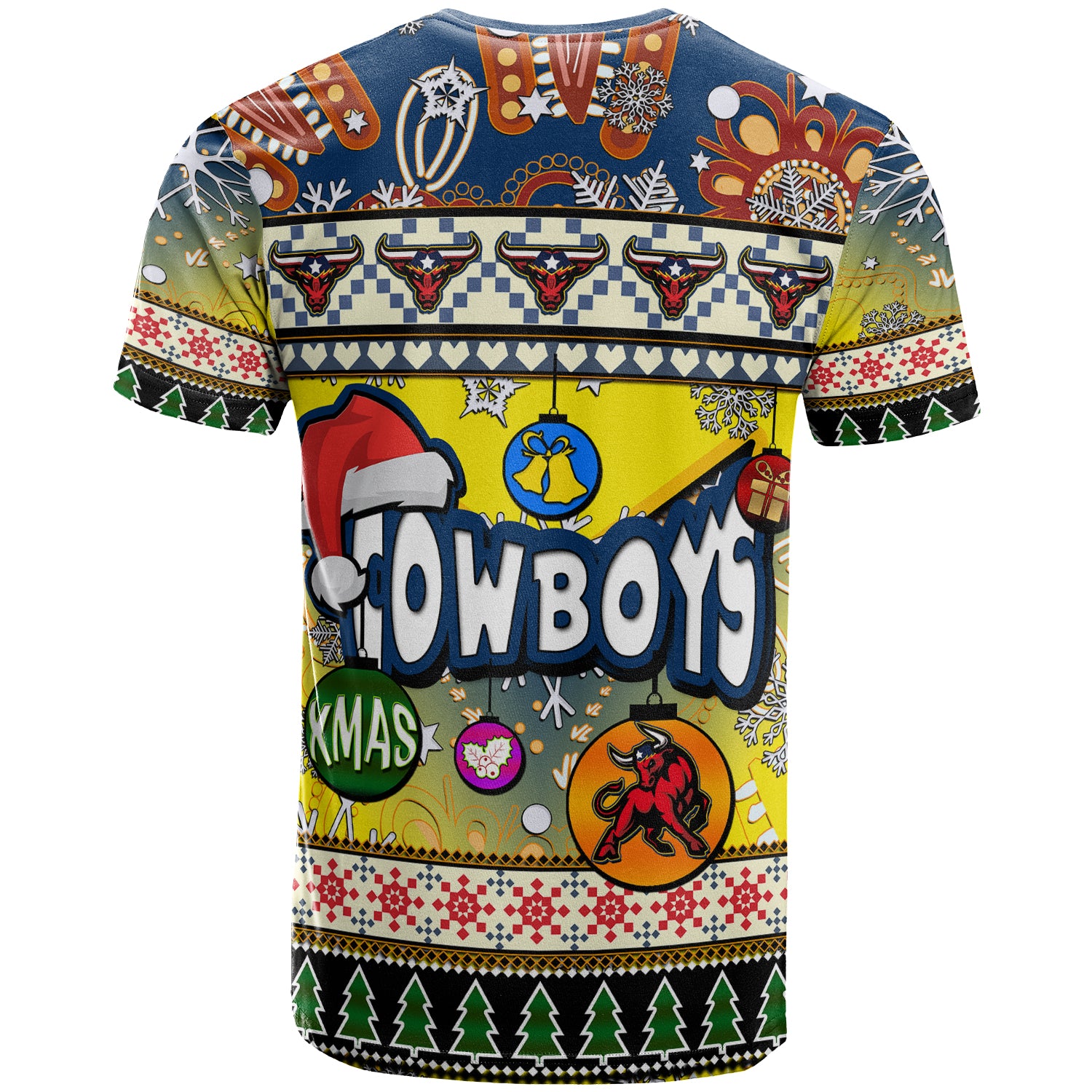 cowboys-rugby-christmas-t-shirt-custom-xmas-cowboys-christmas-balls-snowflake-with-aboriginal-patterns-t-shirt