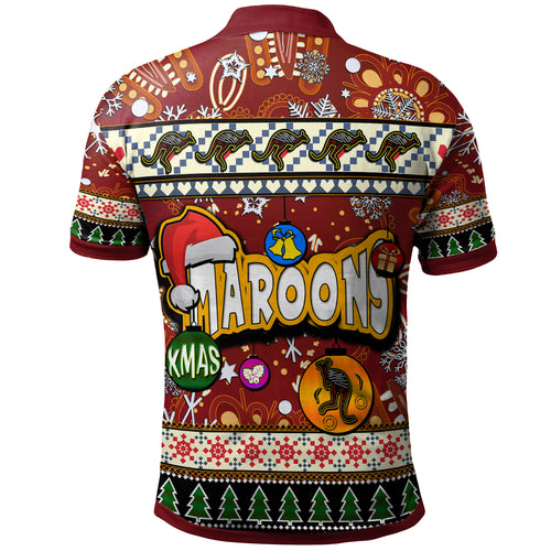 maroons-rugby-christmas-polo-shirt-custom-xmas-maroons-christmas-balls-snowflake-with-aboriginal-patterns-polo-shirt